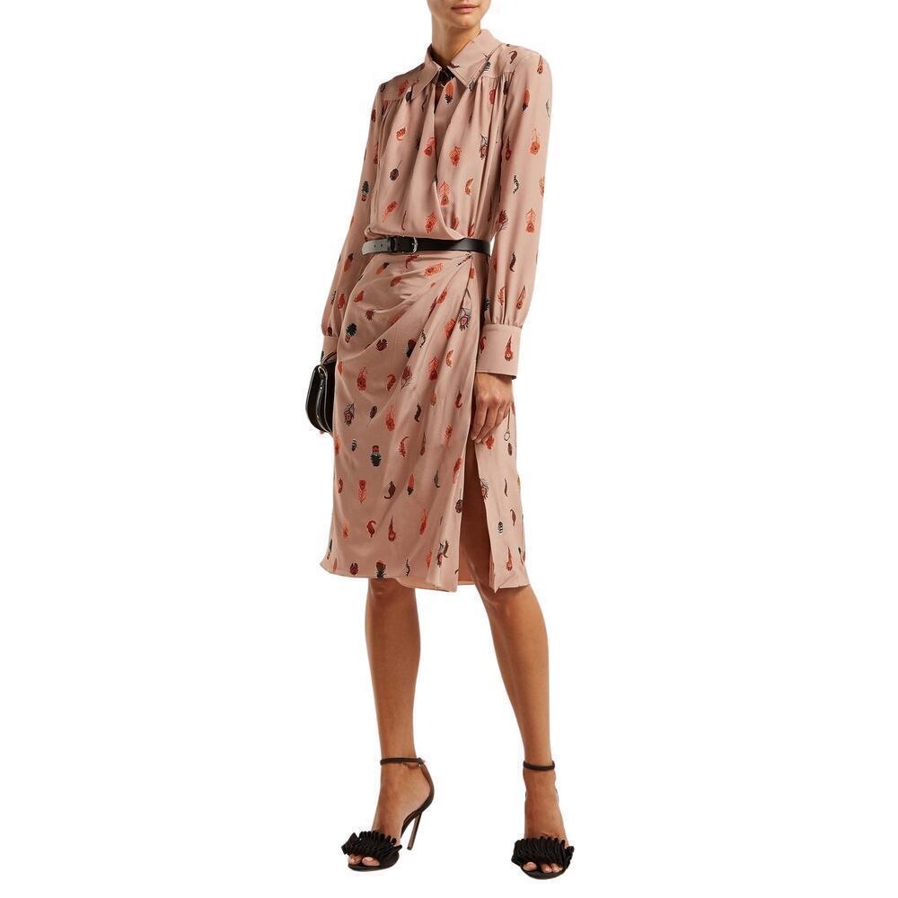 Altuzarra Kat Feather Printed Silk Midi Salmon Pink Dress 36